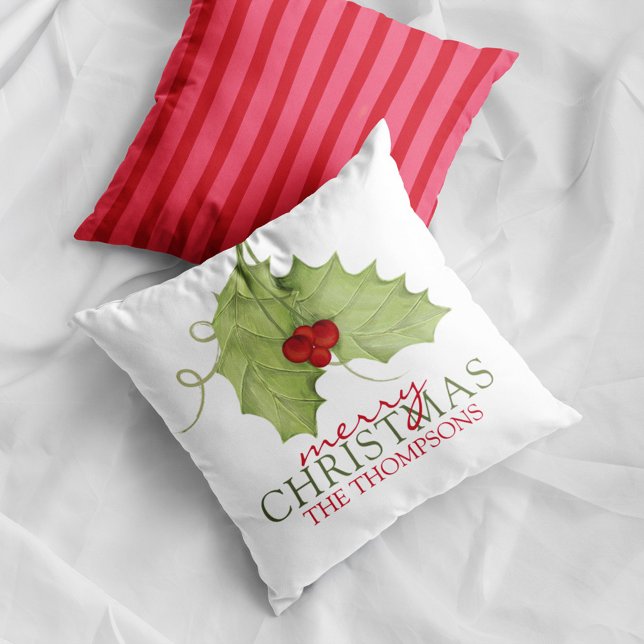 Christmas Holly Berries Personalized Family Name Throw Pillow (Creator Uploaded)