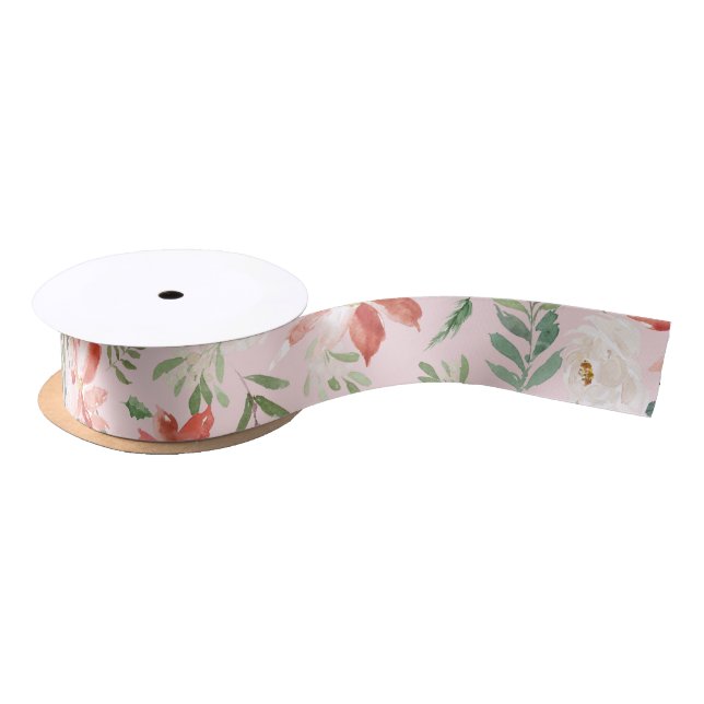 Christmas holly berries poinsettia pastel pattern satin ribbon (Spool)