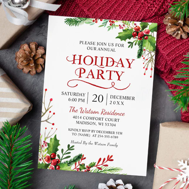 Christmas Holly Berries Rustic Chic Holiday Party Invitation | Zazzle