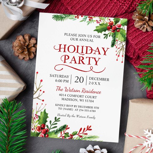 Christmas Holly Berries Rustic Chic Holiday Party Invitation