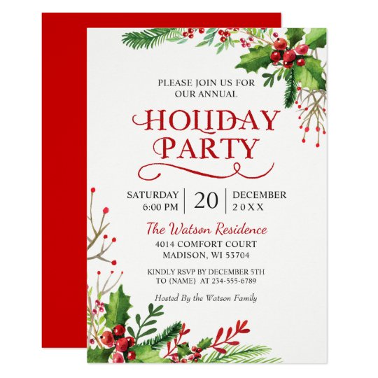 Christmas Holly Berries Rustic Chic Holiday Party Invitation | Zazzle.com