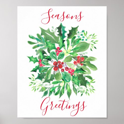 Christmas Holly Berries Seasons Greetings Poster