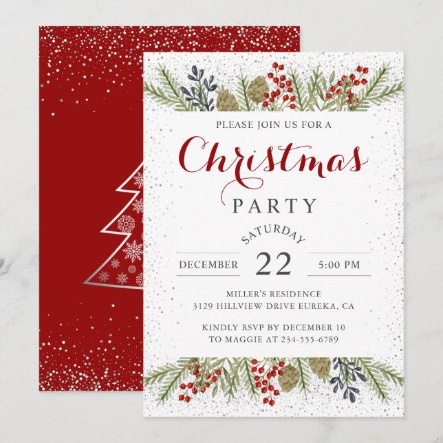 Christmas Holly Berries Silver Glitter Holiday  Invitation (Front/Back)