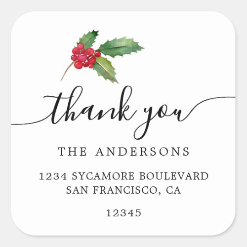  Christmas Holly Berries Thank You Return Address Square Sticker