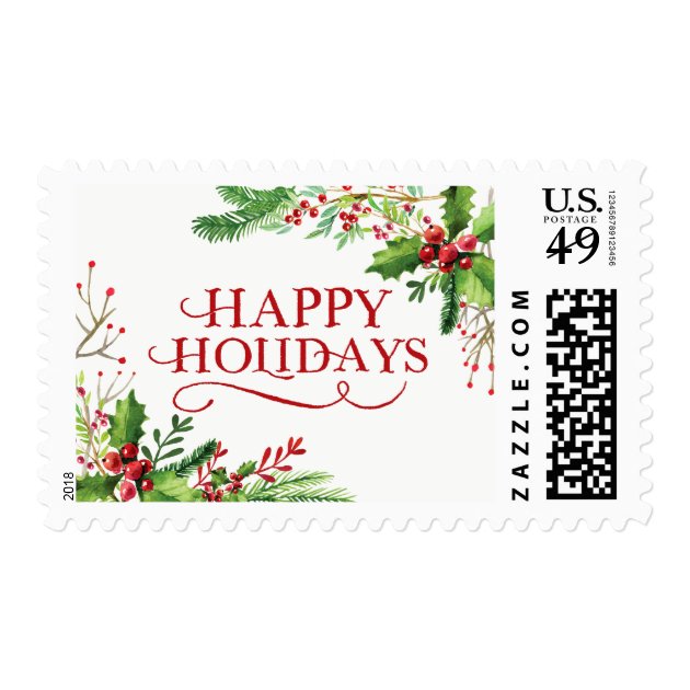 Christmas Holly Berries Typography Happy Holidays Postage