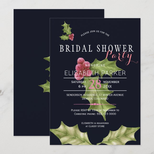 Christmas holly berries winter bridal shower party invitation (Front/Back)