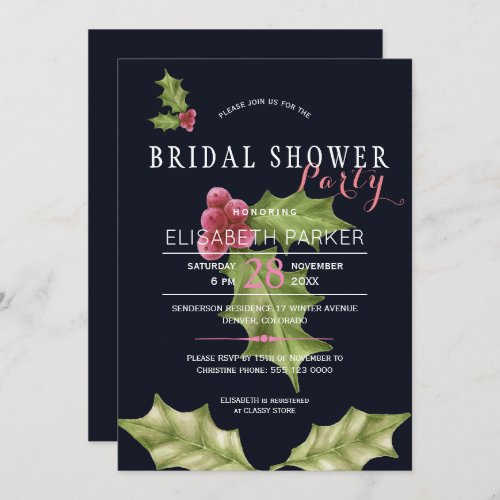 Christmas holly berries winter bridal shower party invitation