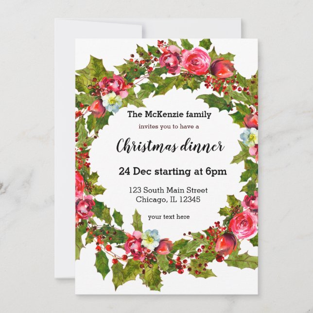 Christmas holly berries wreath invitation (Front)