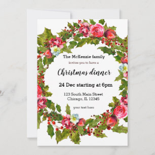 Christmas holly berries wreath invitation