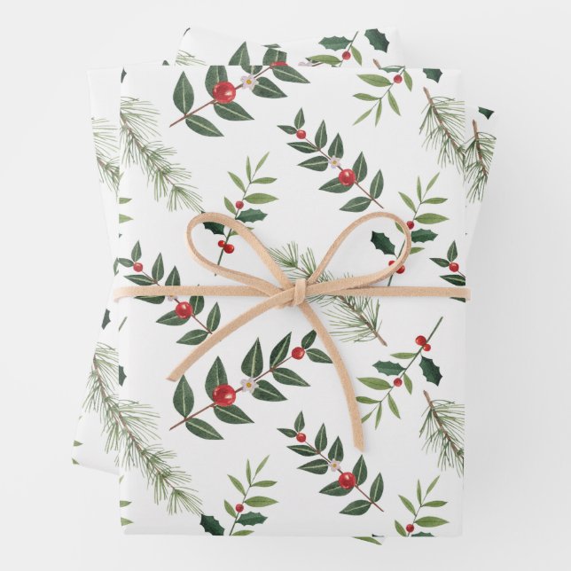 Christmas Holly Berry and Pine Branches White  Wrapping Paper Sheets (In situ)