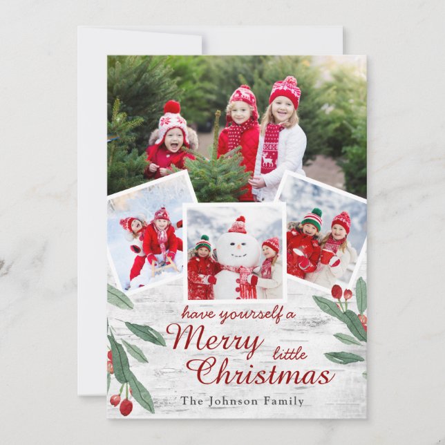 Christmas Holly Berry Birch Bark 4 PHOTO Greeting Holiday Card (Front)