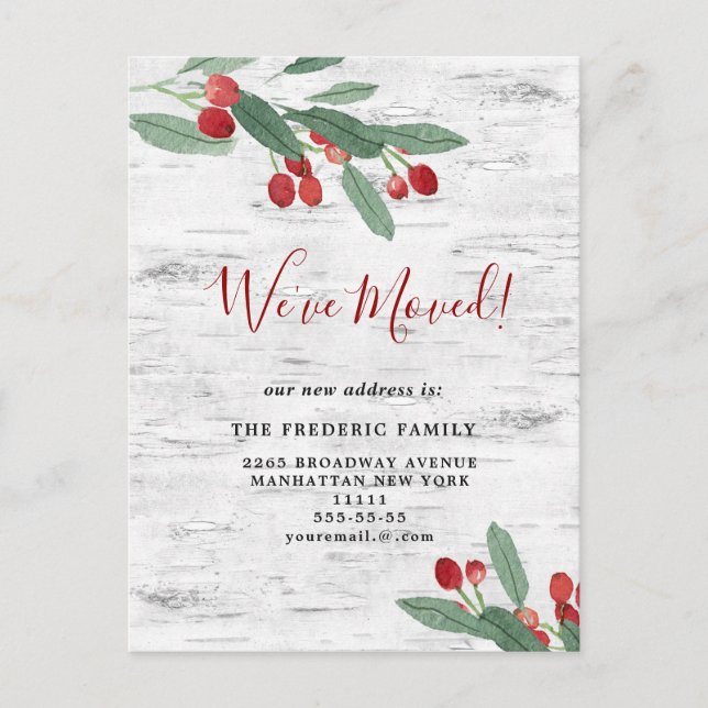 Christmas Holly Berry & Birch Bark We've Moved Announcement Postcard (Front)
