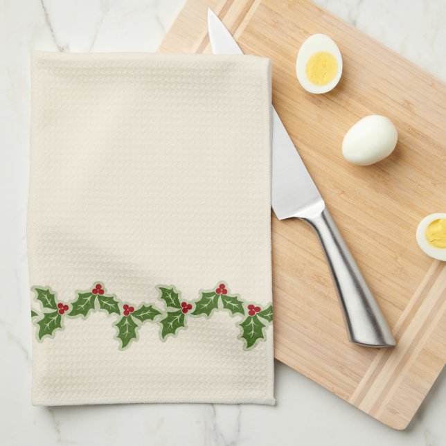 Christmas Holly Berry Border Cream Kitchen Towel (Quarter Fold)