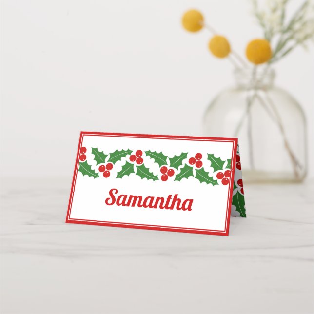 Christmas holly berry border folded escort place card (Front)