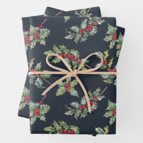 Christmas Holly Berry Branches with Leaves Wrapping Paper Sheets