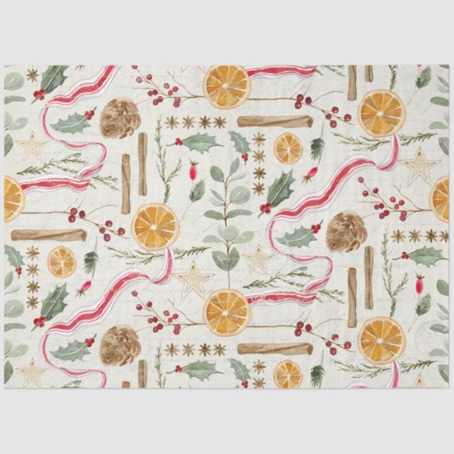 Christmas Holly Berry Cinnamon Orange Decoupage Tissue Paper (Front)