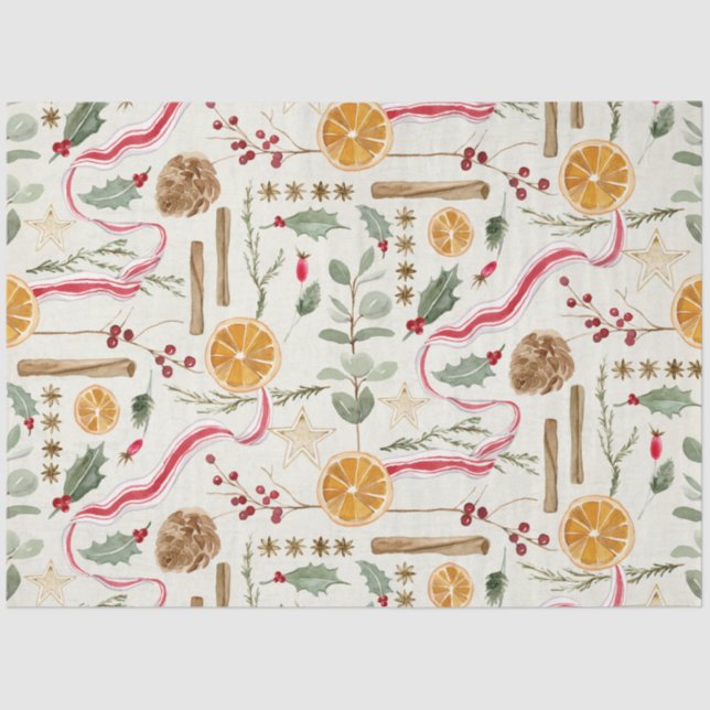 Christmas Holly Berry Cinnamon Orange Decoupage Tissue Paper (Front)