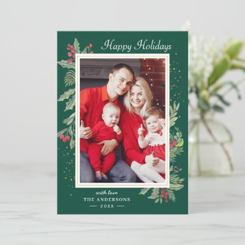 Christmas Holly Berry Floral Gold Confetti Photo Holiday Card