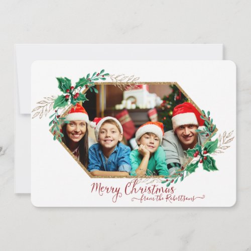 Christmas Holly Berry Greenery Gold Glitter Photo Holiday Card