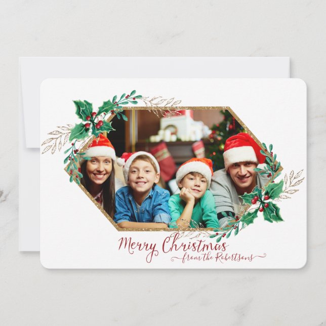 Christmas Holly Berry Hexagon Gold Glitter n Photo Holiday Card (Front)