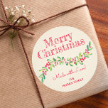 Christmas Holly Berry Homemade Food Holiday Baking Classic Round Sticker<br><div class="desc">Create stickers to label your Christmas holiday homemade goods,  cookies,  candy,  treats,  party favors and more featuring a stylish,  modern watercolor of green holly and red berries on a pale ivory stripe background and your message in chic lettering.</div>