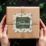 Christmas Holly Berry Homemade Food Holiday Baking Square Sticker<br><div class="desc">Create stickers to label your Christmas holiday homemade goods,  cookies,  candy,  treats,  party favors and more featuring a stylish,  vintage watercolor of green holly and red berries on a dark green background with sweetest wishes for a Merry Christmas and your name in chic lettering.</div>