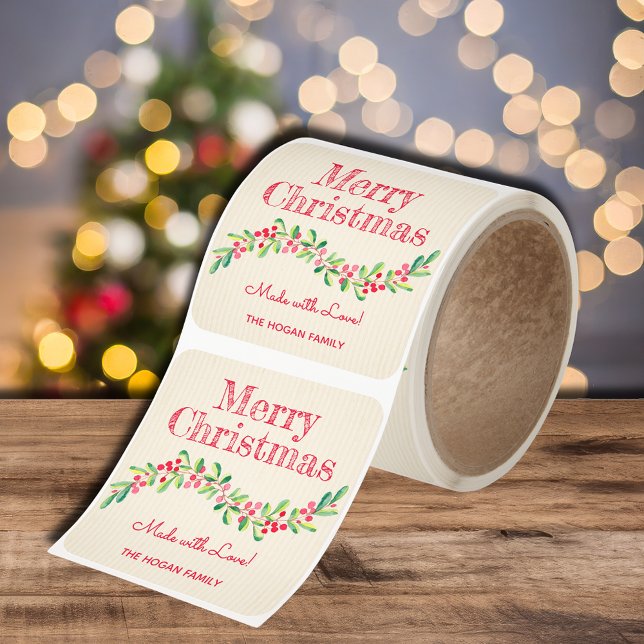 Christmas Holly Berry Homemade Food Holiday Baking Square Sticker (Christmas greens and berries roll of stickers for homemade food holiday baking Made with Love)