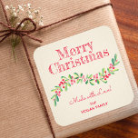Christmas Holly Berry Homemade Food Holiday Baking Square Sticker<br><div class="desc">Create stickers to label your Christmas holiday homemade goods,  cookies,  candy,  treats,  party favors and more featuring a stylish,  modern watercolor of green holly and red berries on a pale ivory stripe background and your message in chic lettering.</div>