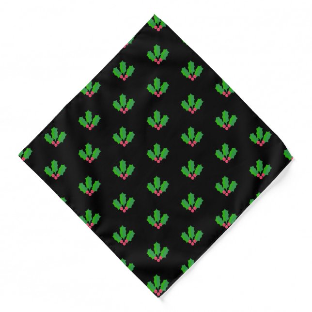 Christmas holly berry leaf pattern on black bandana (Front)