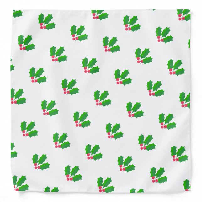 Christmas holly berry leaf pattern on white bandana (Front)