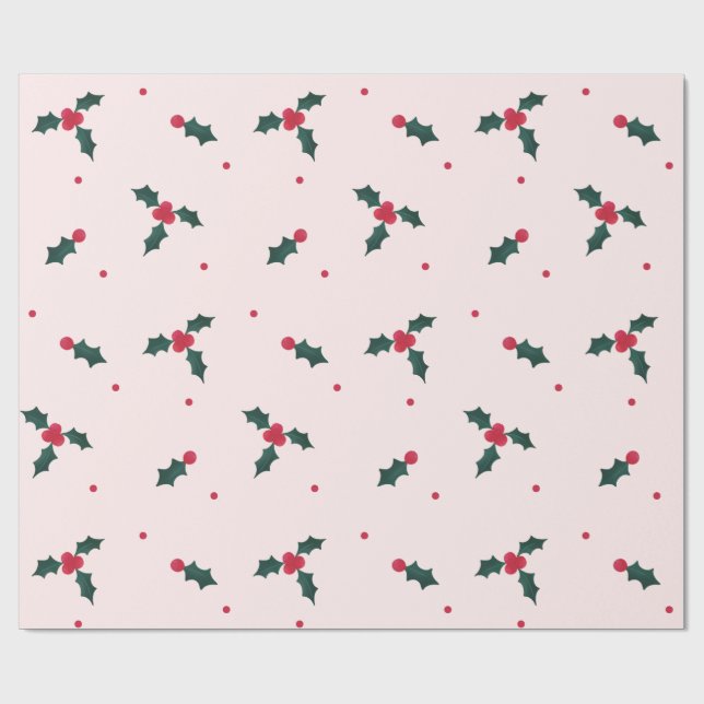 Christmas Holly Berry & Leaves Holiday Wrapping Paper (Flat)