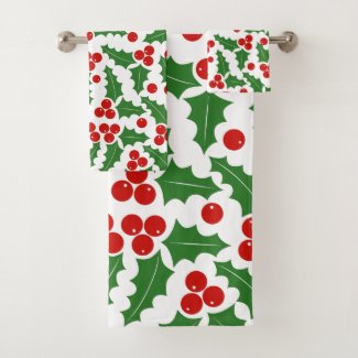 Christmas holly berry pattern red and green bath towel set