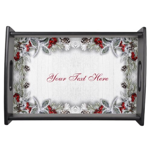 Christmas Holly Berry Pine Branch Rustic Serving Tray