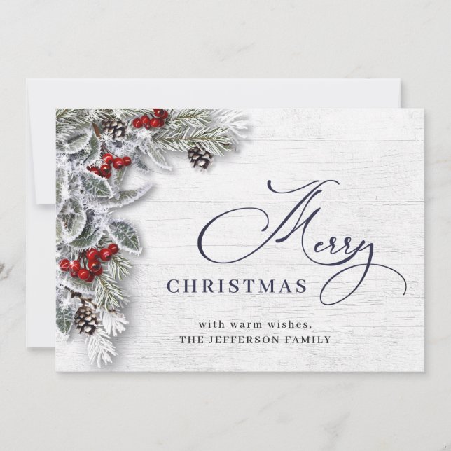 Christmas Holly Berry Pine Rustic Greeting Holiday Card (Front)