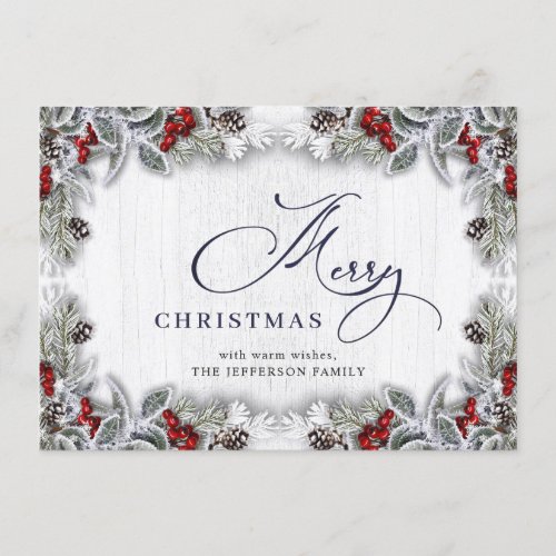 Christmas Holly Berry Pine Rustic Wood Greeting Holiday Card