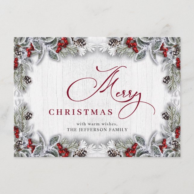 Christmas Holly Berry Pine Rustic Wood Greeting Holiday Card (Front)