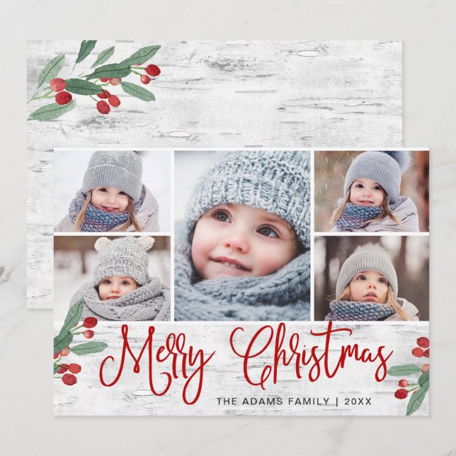 Christmas Holly Berry Rustic Birch 5 PHOTO Holiday Card (Front/Back)