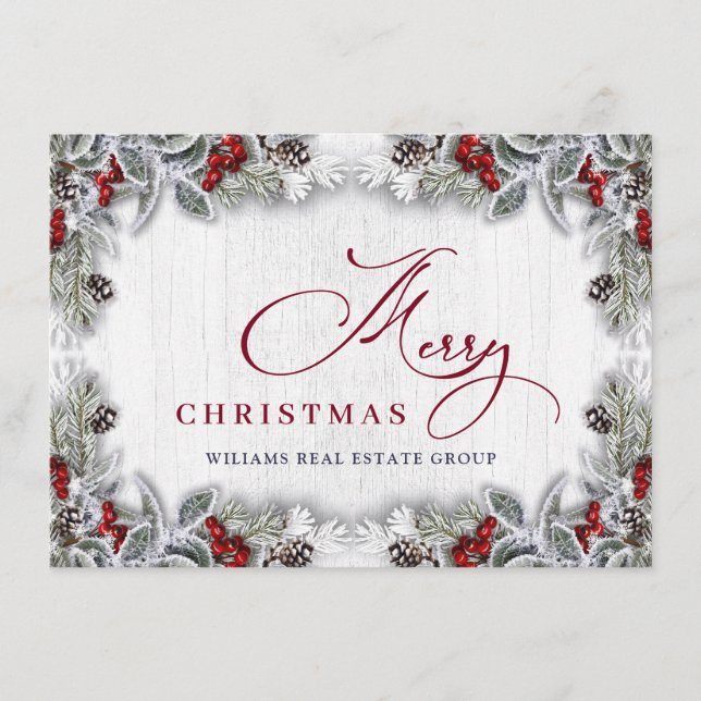 Christmas Holly Berry Rustic Corporate Greeting Holiday Card (Front)
