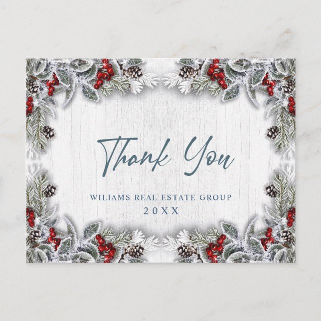 Christmas Holly Berry Rustic Corporate Thank You Postcard (Front)