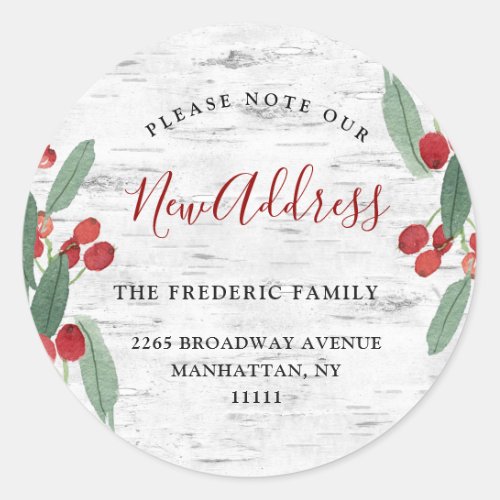 Christmas Holly Berry Rustic New Address Envelope Classic Round Sticker