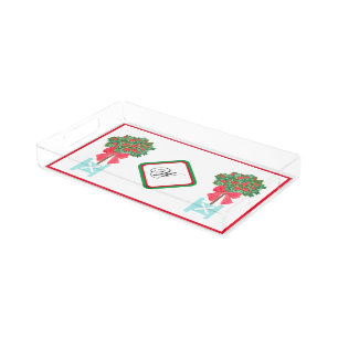 Christmas Holly Berry Topiary Robin's Egg Blue Acrylic Tray
