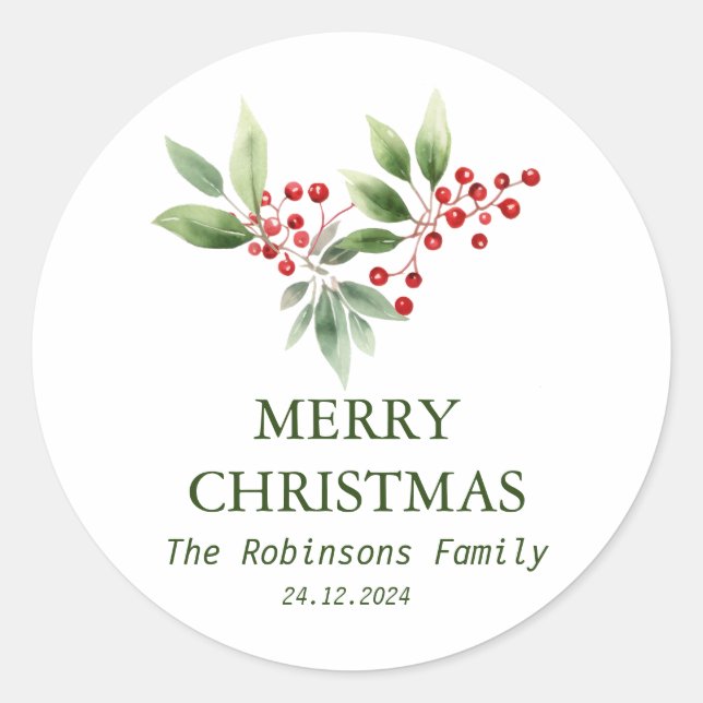 Christmas Holly Berry Watercolor Holiday Party Classic Round Sticker (Front)