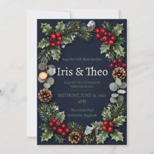 Christmas Holly Berry Wreath Dark Navy Wedding Inv Invitation