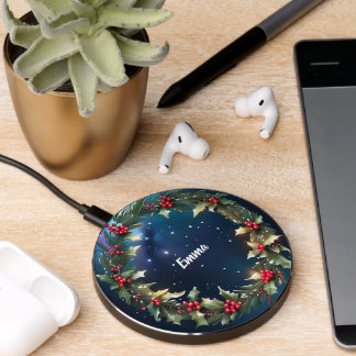 Christmas Holly Berry Wreath Night Sky Simple Wireless Charger