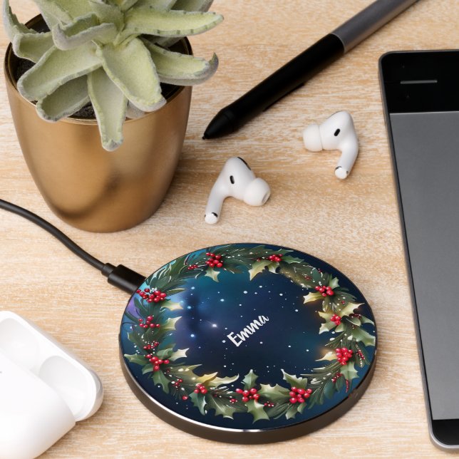 Christmas Holly Berry Wreath Night Sky Simple Wireless Charger (Desk 2)