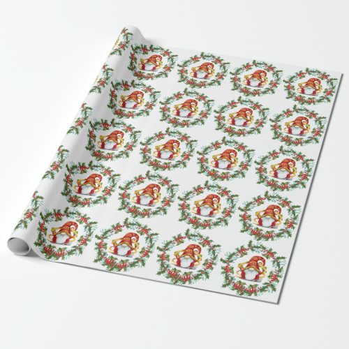 Christmas Holly Berry Wreath Red Gnome Watercolor Wrapping Paper