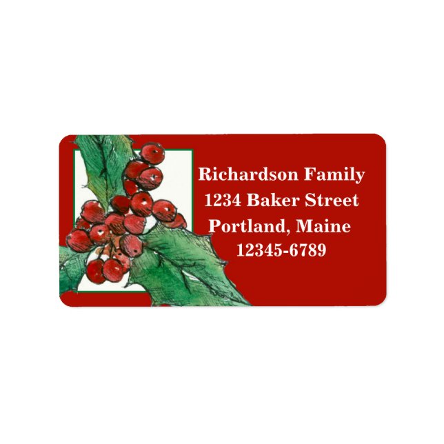 Christmas Holly Botanical Drawing Holiday Red Label (Front)