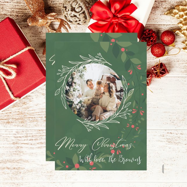 Christmas Holly Botanical Greenery Photo Navy  Holiday Card (Creator Uploaded)