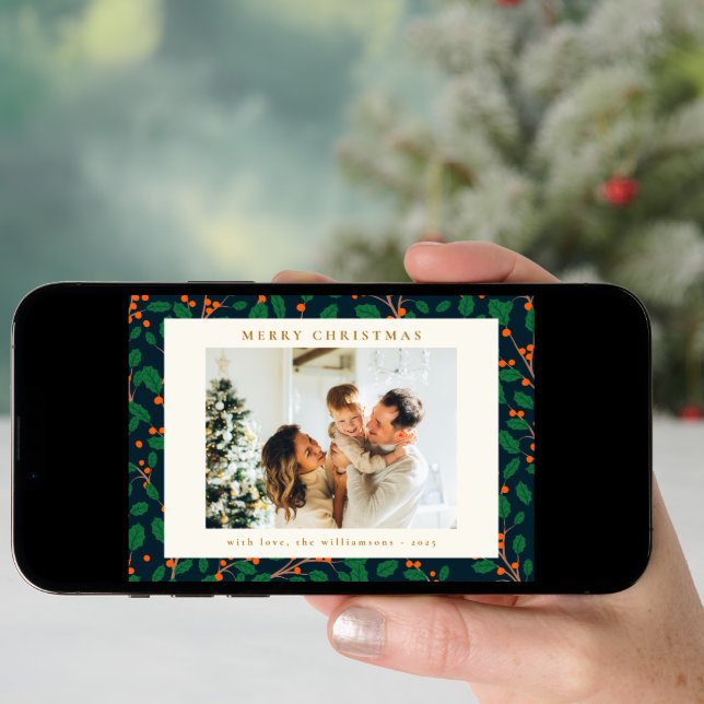 Christmas Holly Botanical Greenery Two Photo Navy Holiday Card (Front Digital)
