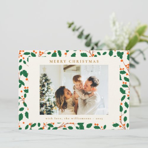 Christmas Holly Botanical Greenery Two Photo Retro Holiday Card